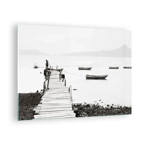 Quadro su vetro - Vista in bianco e nero di un molo di legno su un lago - 70x50cm - Sull'acqua silenziosa e pura - Decorazione murale moderna per soggiorno e camera da letto ARTTOR