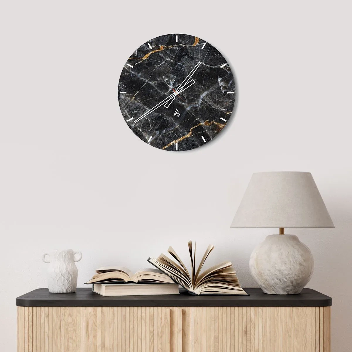 Orologio da parete - Orologio in Vetro - Struttura in marmo nero con venature chiare e dorate - 30x30cm - La vita interiore delle pietre - Decorazione murale moderna per soggiorno, cucina e camera da letto ARTTOR
