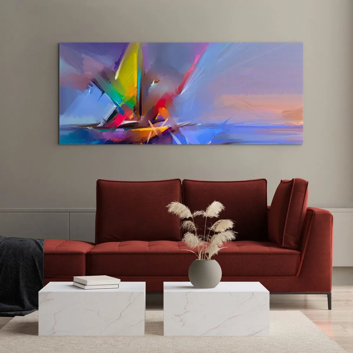Quadro su vetro - Composizione astratta con colori intensi - 120x50cm - Eliche come un uccello - Decorazione murale moderna per soggiorno e camera da letto ARTTOR