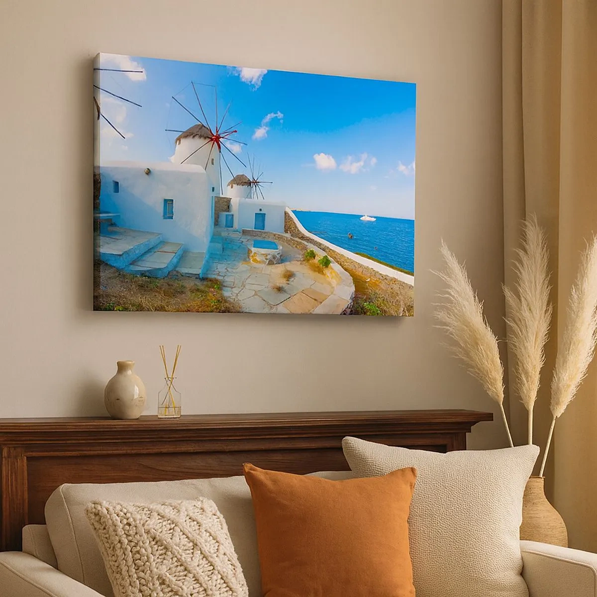 Quadro su tela - Stampe su Tela - Mulini a vento bianchi sulle rive del mare blu - 70x50cm - Vento azzurro sul mare - Decorazione murale moderna per soggiorno e camera da letto ARTTOR