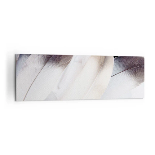 Quadro su tela - Stampe su Tela - Primo piano di piume delicate nelle tonalità del bianco e del grigio - 160x50cm - Quasi angeliche - Decorazione murale moderna per soggiorno e camera da letto ARTTOR