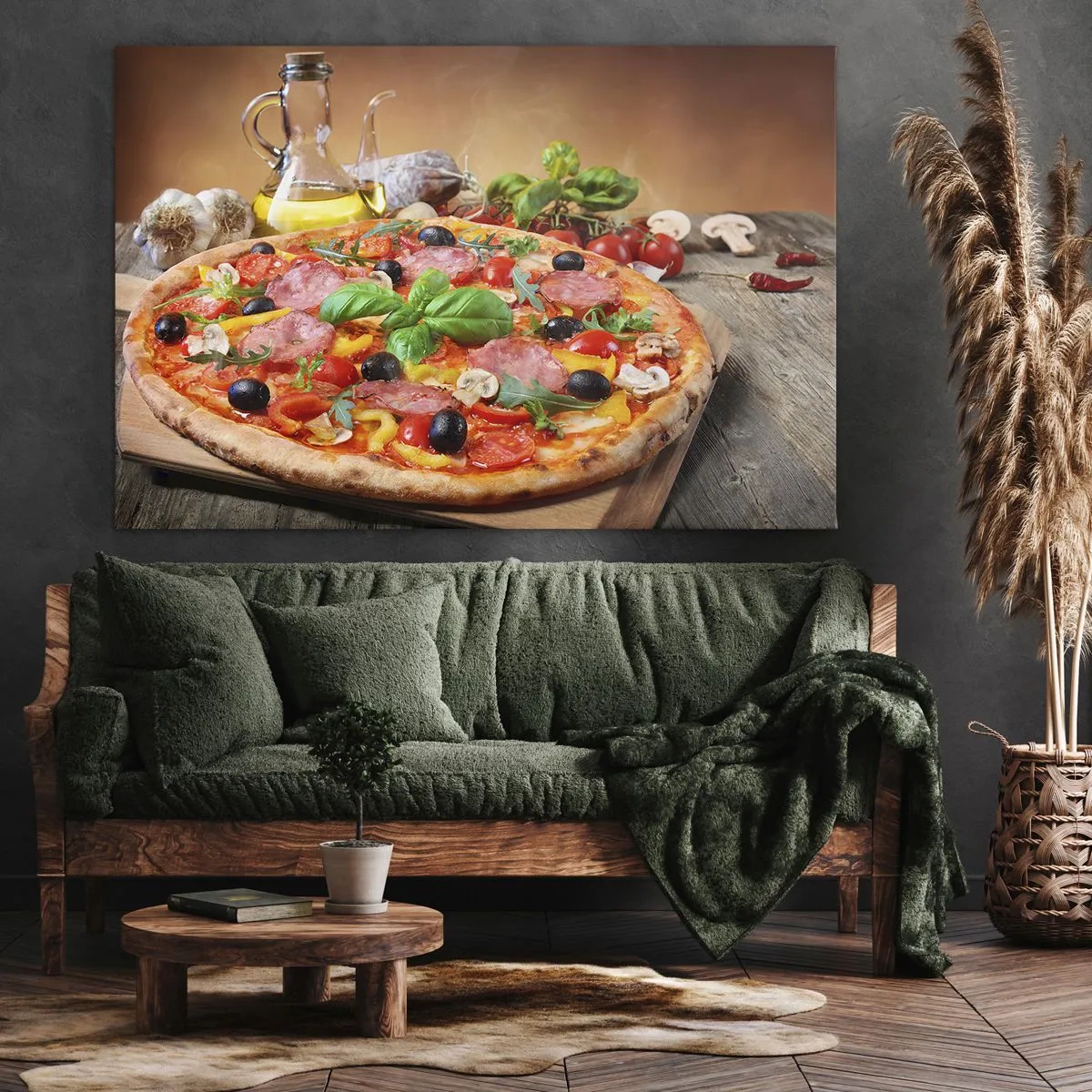 Quadro su tela - Stampe su Tela - Pizza appetitosa su un tavolo di legno con condimenti - 120x80cm - Con gusto veramente italiano - Decorazione murale moderna per soggiorno e camera da letto ARTTOR