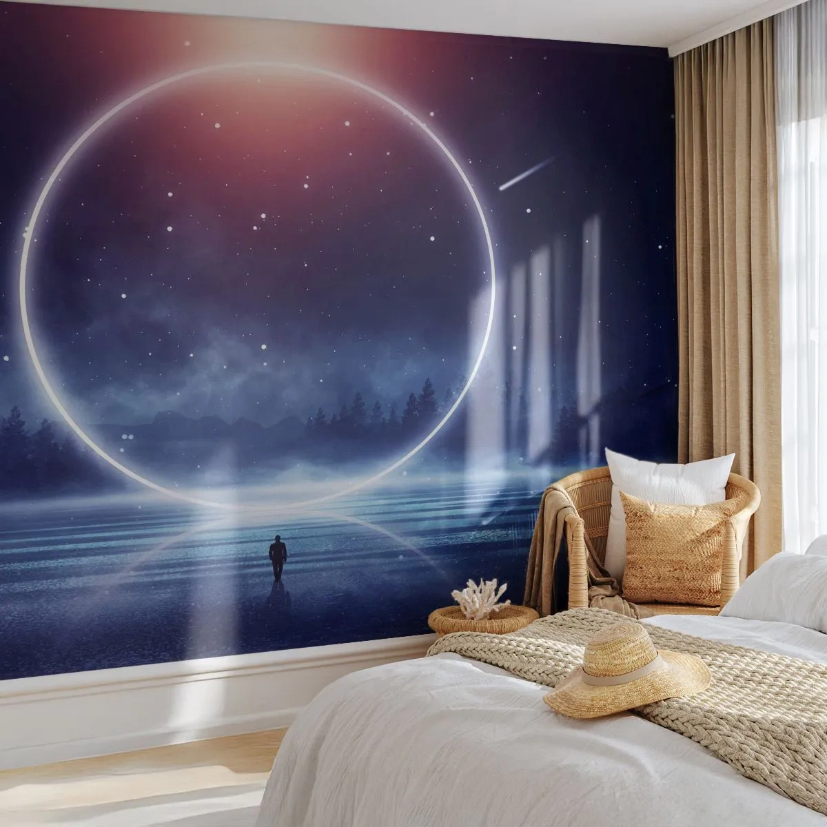 Fotomurali Premium Sand - Una sagoma misteriosa davanti a un cerchio luminoso sullo sfondo dello spazio - 100x70cm - Sono già qui... - Decorazione murale moderna per soggiorno e camera da letto ARTTOR
