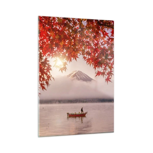 Quadro su vetro - Monte Fuji con una barca su un lago circondato da foglie rosse - 50x70cm - Nell'atmosfera del Giappone - Decorazione murale moderna per soggiorno e camera da letto ARTTOR