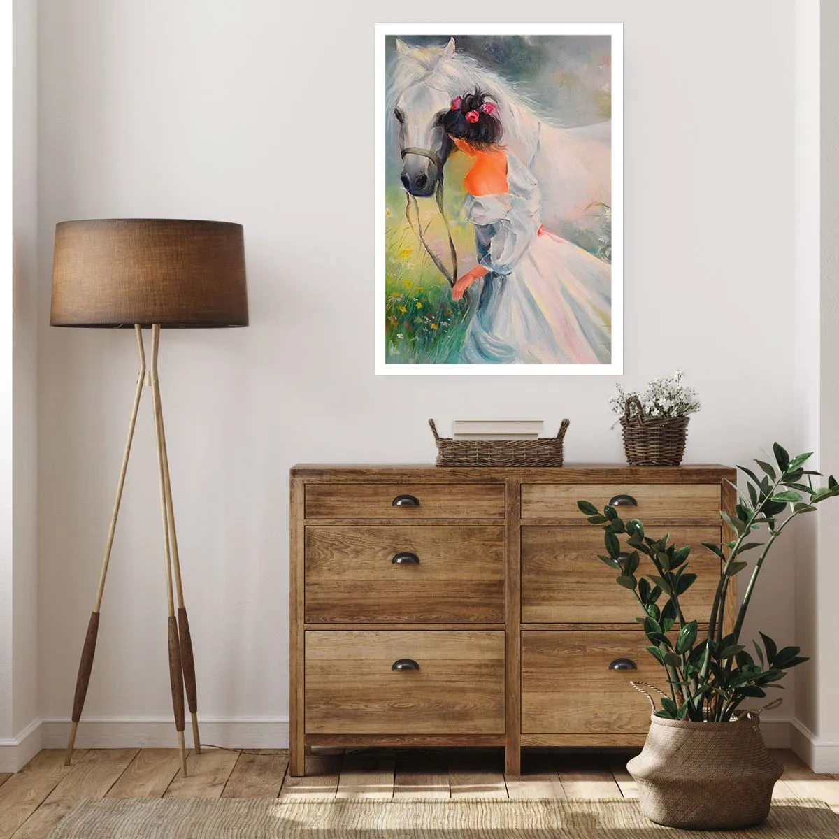 Poster - Una donna con un cavallo bianco in stile pittorico - 50x70cm - Come in un bel sogno - Decorazione murale moderna per soggiorno e camera da letto ARTTOR