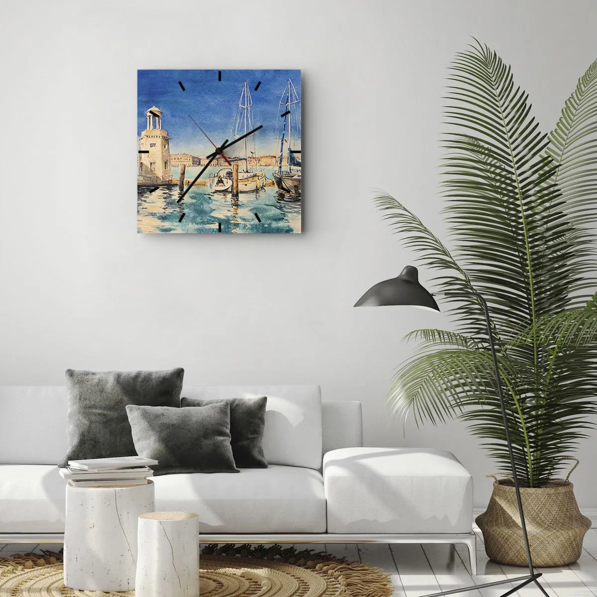Orologio da parete - Orologio in Vetro - Marina con barche sullo sfondo di una laguna blu - 30x30cm - La laguna assolata - Decorazione murale moderna per soggiorno e camera da letto ARTTOR