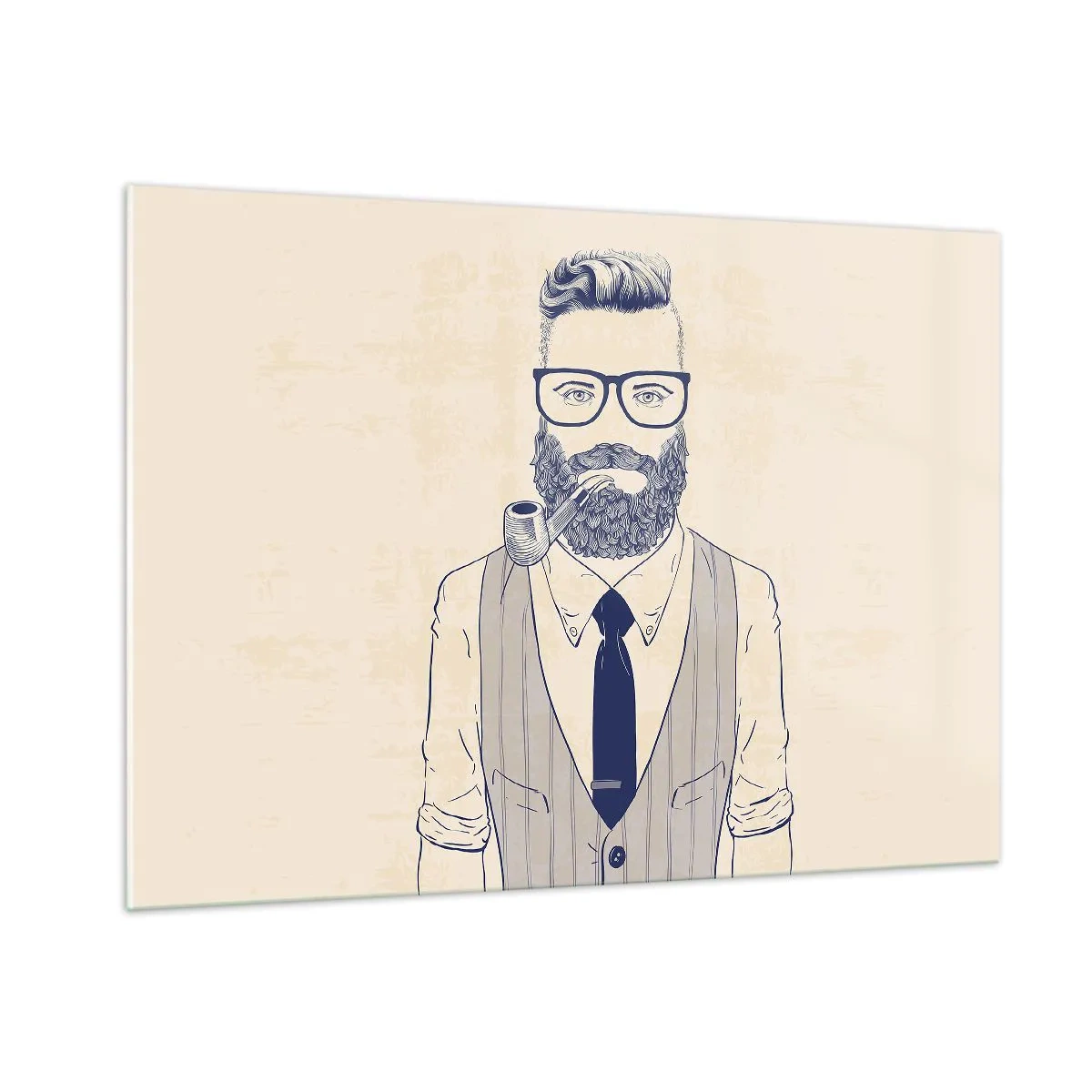 Quadro su vetro - Un uomo stilizzato con barba, occhiali e pipa su uno sfondo chiaro. - 100x70cm - Allegro, maschile e alla moda - Decorazione murale moderna per soggiorno e camera da letto ARTTOR