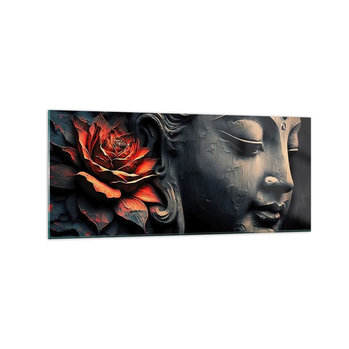 Quadro su vetro - Scultura del Buddha con un fiore di loto rosso - 120x50cm - In armonia con il mondo - Decorazione murale moderna per soggiorno e camera da letto ARTTOR
