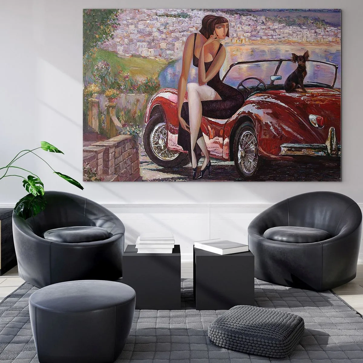 Quadro su vetro - Una donna e un cane vicino a un'auto rossa con un paesaggio sullo sfondo. - 70x50cm - Estate? Solo sulla Riviera - Decorazione murale moderna per soggiorno e camera da letto ARTTOR