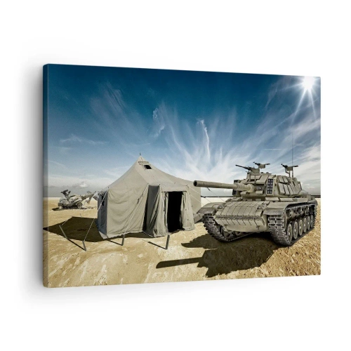 Quadro su tela - Stampe su Tela - Un carro armato accanto a una tenda militare in una zona desertica - 70x50cm - Sogno militare - Decorazione murale moderna per soggiorno e camera da letto ARTTOR