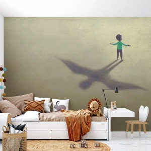 Fotomurali Premium Sand - Sagoma di un bambino con un'ombra a forma di uccello sul terreno - 100x70cm - Eroe del futuro - Decorazione murale moderna per soggiorno e camera da letto ARTTOR