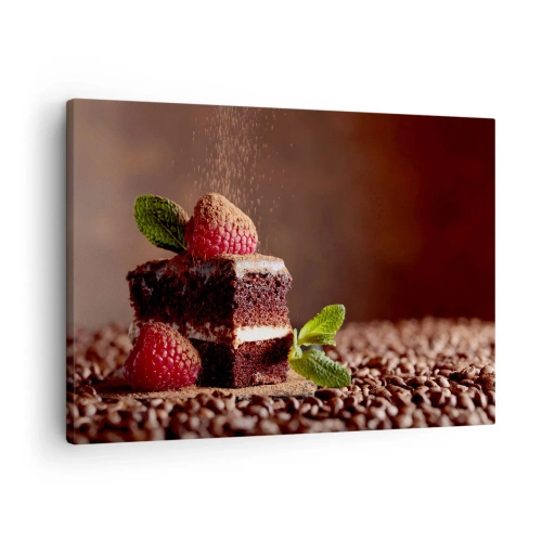 Quadro su tela - Stampe su Tela - Torta al cioccolato con lamponi e menta su uno sfondo di fave di cacao - 70x50cm - La vita è dolce - Decorazione murale moderna per soggiorno e camera da letto ARTTOR