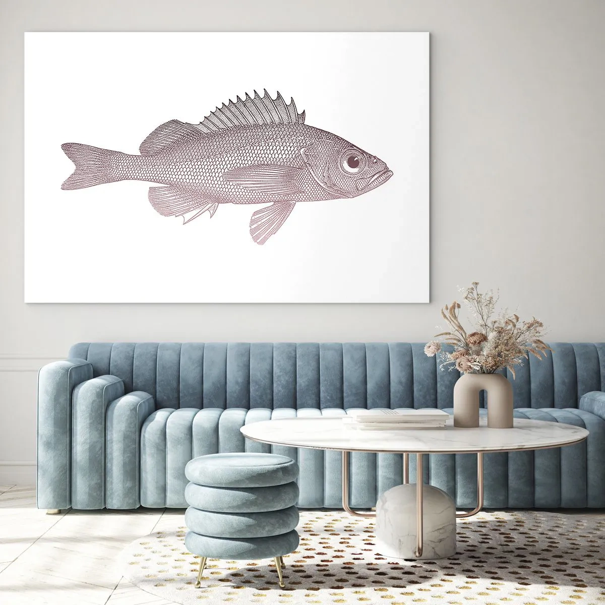 Quadro su vetro - Grafica di un pesce con un grande occhio in stile retrò su sfondo bianco - 120x80cm - Il pesce dagli occhi enormi - Decorazione murale moderna per soggiorno e camera da letto ARTTOR