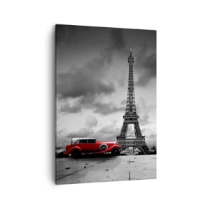 Quadro su tela - Stampe su Tela - Auto retrò rossa davanti alla Torre Eiffel in bianco e nero - 50x70cm - Non molto tempo fa a Parigi - Decorazione murale moderna per soggiorno e camera da letto ARTTOR