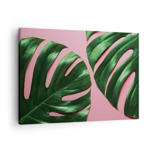 Quadro su tela - Stampe su Tela - Foglie di monstera verdi su sfondo rosa - 70x50cm - Appuntamento in verde - Decorazione murale moderna per soggiorno e camera da letto ARTTOR