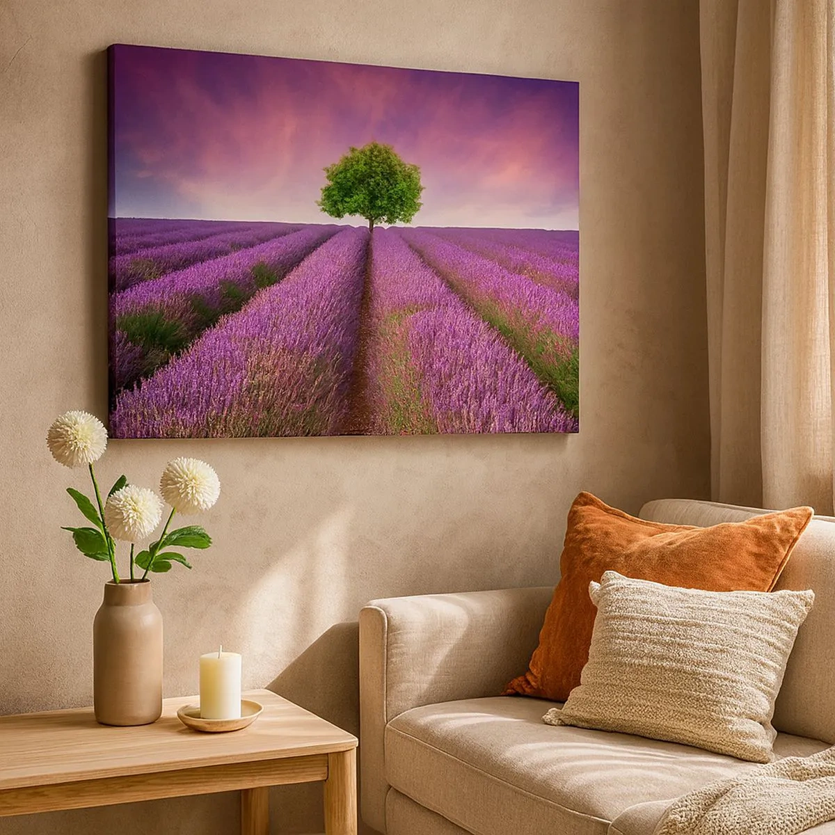 Quadro su tela - Stampe su Tela - Un campo di lavanda con un albero solitario e un cielo viola - 70x50cm - Sui campi di lavanda - Decorazione murale moderna per soggiorno e camera da letto ARTTOR