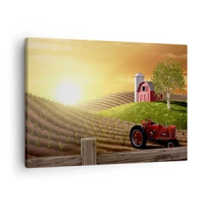 Quadro su tela - Stampe su Tela - Paesaggio rurale con un fienile rosso, un trattore e l'alba - 70x50cm - La fattoria delle favole - Decorazione murale moderna per soggiorno e camera da letto ARTTOR