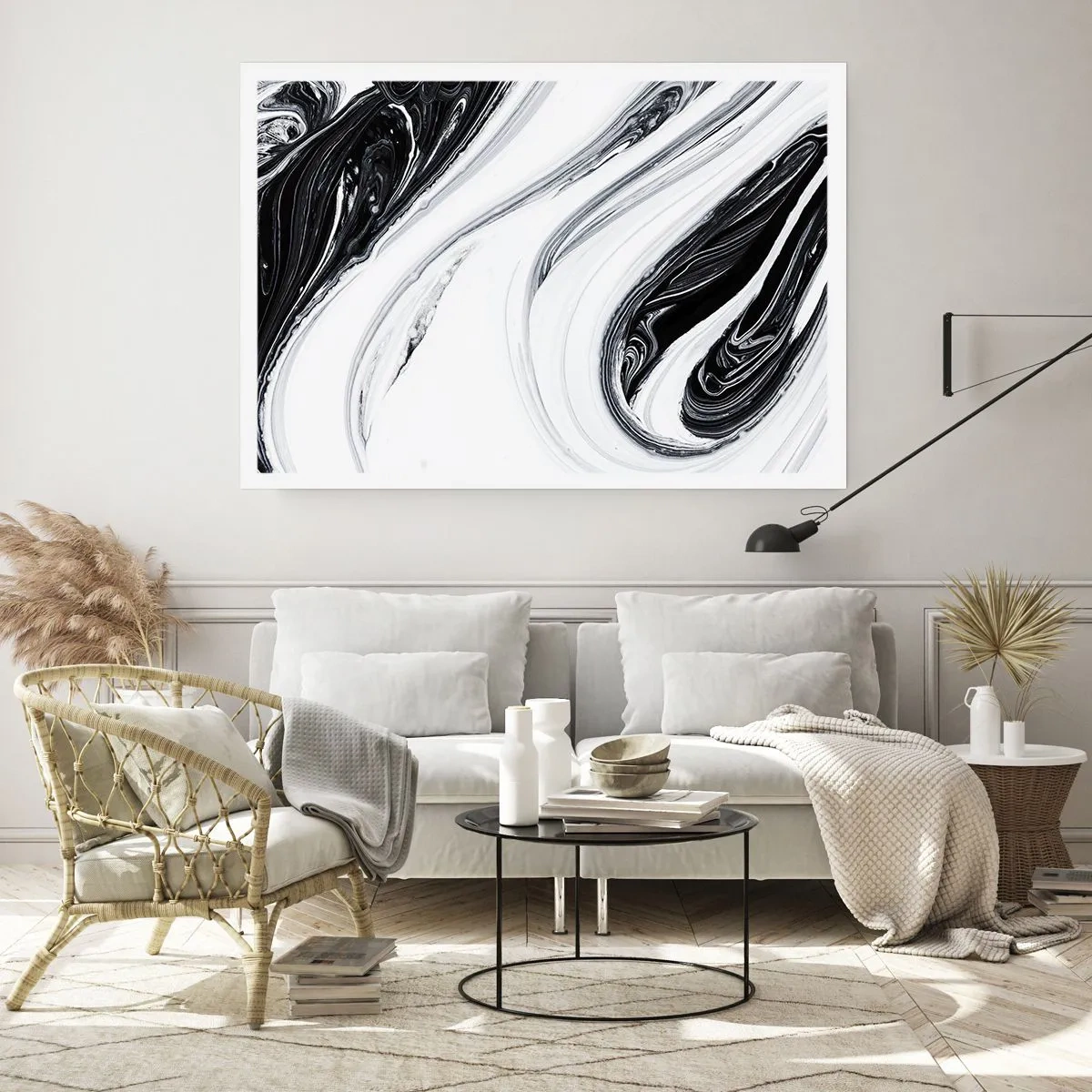 Poster - Astrazione in bianco e nero con linee dinamiche e vortici - 100x70cm - L'unione degli opposti - Decorazione murale moderna per soggiorno e camera da letto ARTTOR