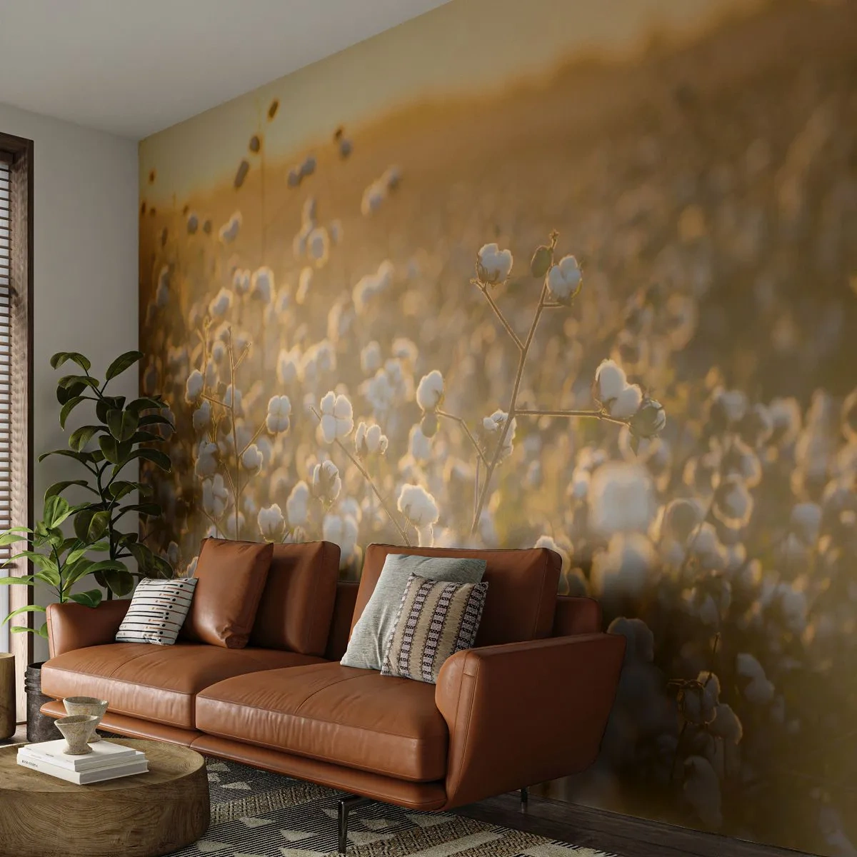 Fotomurali Premium Canvas - Un campo di cotone nella calda luce del sole al tramonto - 100x70cm - Campo di morbidezza - Decorazione murale moderna per soggiorno e camera da letto ARTTOR