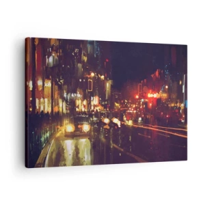 Quadro su tela - Stampe su Tela - Scena notturna della città con luci colorate e riflessi di strada - 70x50cm - Immersa nelle luci della notte - Decorazione murale moderna per soggiorno e camera da letto ARTTOR