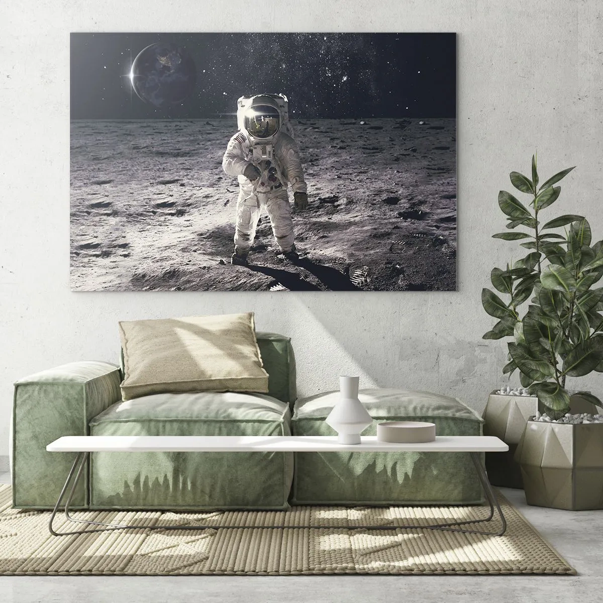 Quadro su vetro - Astronauta sulla superficie della Luna con la Terra sullo sfondo - 100x70cm - Saluti dalla luna - Decorazione murale moderna per soggiorno e camera da letto ARTTOR