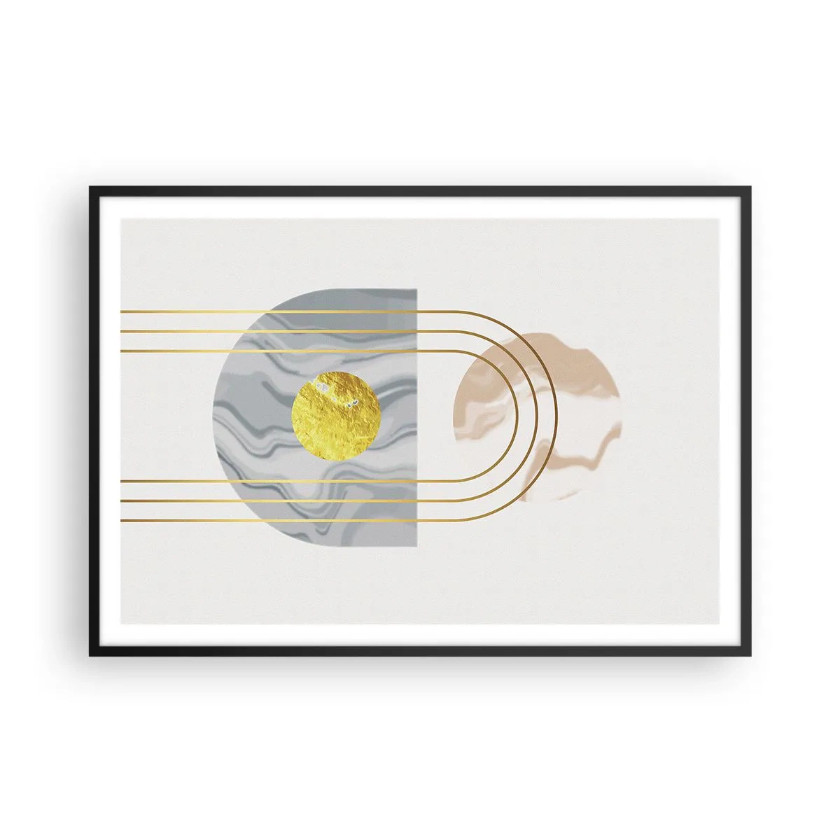 Poster in cornice nera - Composizione astratta con cerchi e linee dorate su uno sfondo chiaro. - 100x70cm - Chiarezza e lucentezza - Decorazione murale moderna per soggiorno e camera da letto ARTTOR