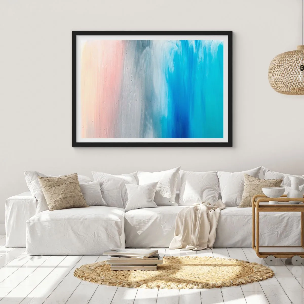 Poster in cornice nera - Pennellate astratte nei toni del blu e del rosa - 100x70cm - Gli elementi: l'aria - Decorazione murale moderna per soggiorno e camera da letto ARTTOR