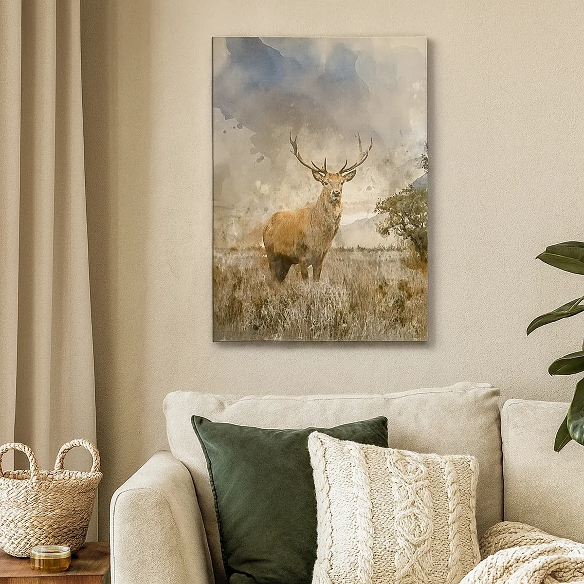 Quadro su tela - Stampe su Tela - Un cervo in un ambiente naturale in stile acquerello - 50x70cm - Dignità - forza - maestosità - Decorazione murale moderna per soggiorno e camera da letto ARTTOR