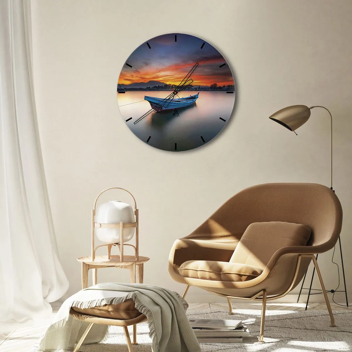 Orologio da parete - Orologio in Vetro - Una barca in acque calme al tramonto - 30x30cm - Viene una notte buona - Decorazione murale moderna per soggiorno, cucina e camera da letto ARTTOR