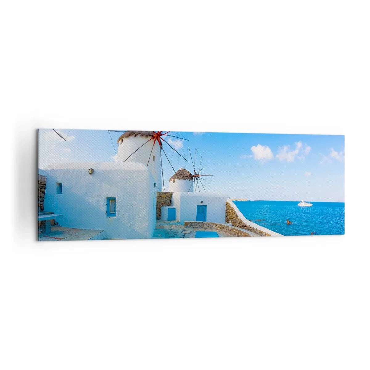 Quadro su tela - Stampe su Tela - Mulini a vento bianchi sulle rive del mare blu - 160x50cm - Vento azzurro sul mare - Decorazione murale moderna per soggiorno e camera da letto ARTTOR