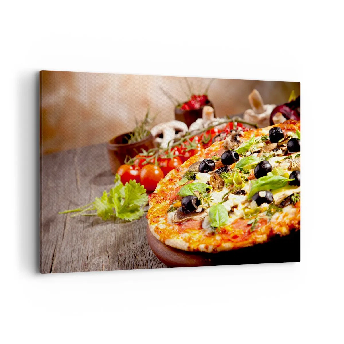 Quadro su tela - Stampe su Tela - Pizza con olive, basilico e ingredienti freschi su fondo in legno - 120x80cm - Con ingredienti tellurici - Decorazione murale moderna per soggiorno e camera da letto ARTTOR