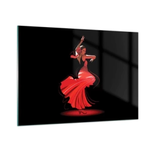 Quadro su vetro - Ballerina di flamenco in abito rosso su sfondo nero - 100x70cm - Lo spirito focoso del flamenco - Decorazione murale moderna per soggiorno e camera da letto ARTTOR