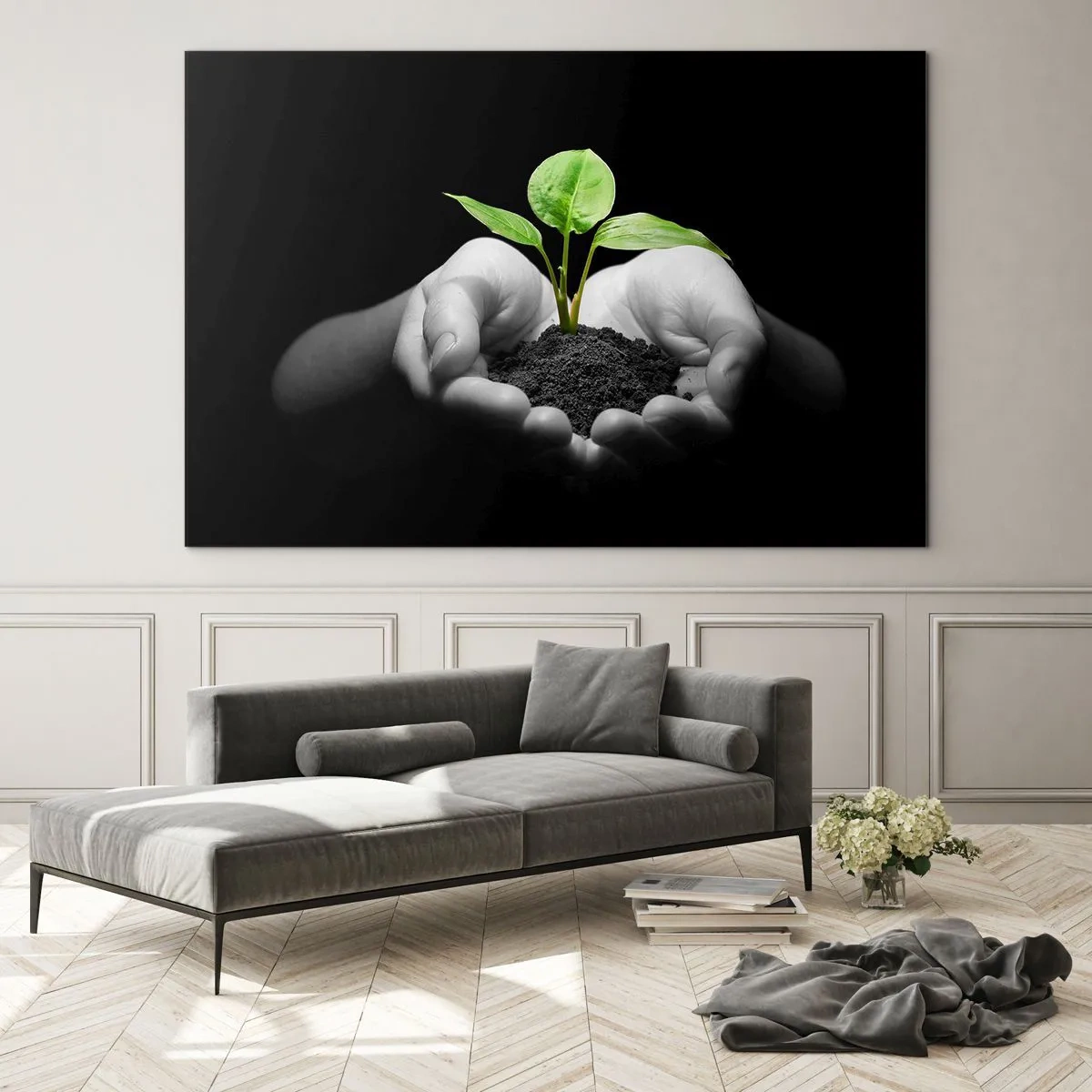 Quadro su vetro - Una giovane pianta tra le mani su uno sfondo nero - 70x50cm - Amo la natura, la proteggo - Decorazione murale moderna per soggiorno e camera da letto ARTTOR