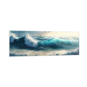 Quadro su vetro - Onde del mare sulla spiaggia sotto un cielo azzurro con gabbiani - 160x50cm - Mormora solo per te - Decorazione murale moderna per soggiorno e camera da letto ARTTOR