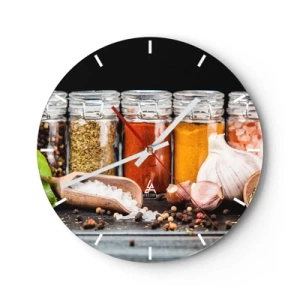 Orologio da parete - Orologio in Vetro - Spezie colorate in barattoli e accessori da cucina - 30x30cm - Perché la vita abbia sapore - Decorazione murale moderna per soggiorno, cucina e camera da letto ARTTOR