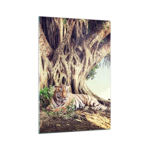 Quadro su vetro - Una tigre che riposa sotto un albero che si estende - 70x100cm - Vista dal Libro della Genesi - Decorazione murale moderna per soggiorno e camera da letto ARTTOR