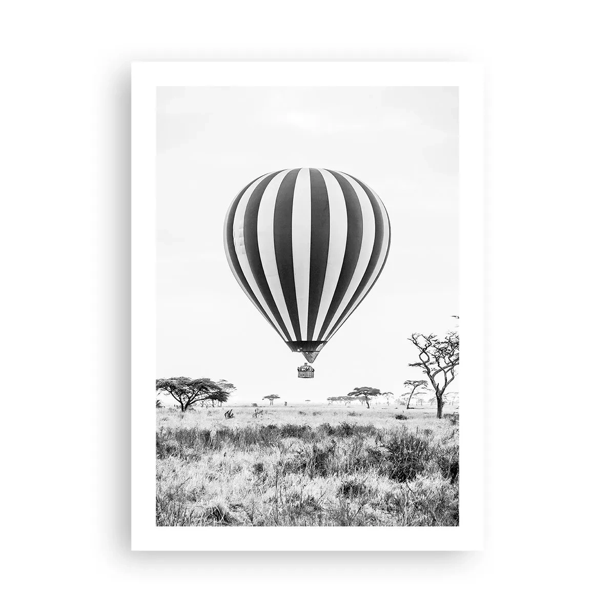 Poster - Una mongolfiera che sorvola la savana in bianco e nero. - 50x70cm - Sulla savana - Decorazione murale moderna per soggiorno e camera da letto ARTTOR