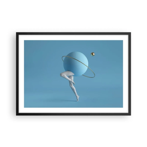 Poster in cornice nera - Una sfera blu con un'orbita e gambe umane contro il cielo - 70x50cm - E i pianeti folleggiano - Decorazione murale moderna per soggiorno e camera da letto ARTTOR