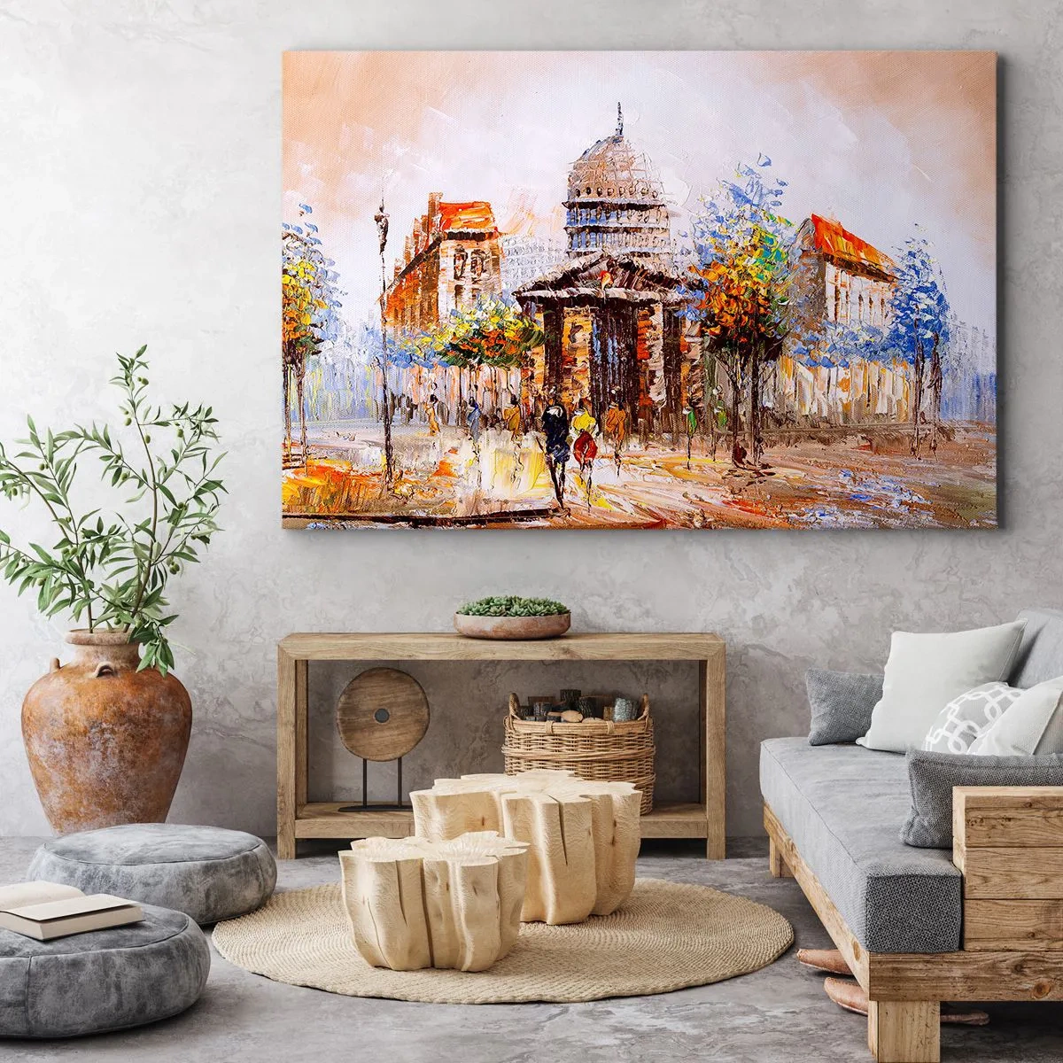 Quadro su tela - Stampe su Tela - Scena cittadina impressionista con un edificio storico - 120x80cm - Passeggiata a Parigi - Decorazione murale moderna per soggiorno e camera da letto ARTTOR