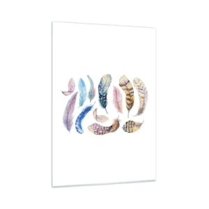 Quadro su vetro - Piume colorate in stile artistico su sfondo bianco - 50x70cm - Leggere, variopinte e multicolori - Decorazione murale moderna per soggiorno e camera da letto ARTTOR