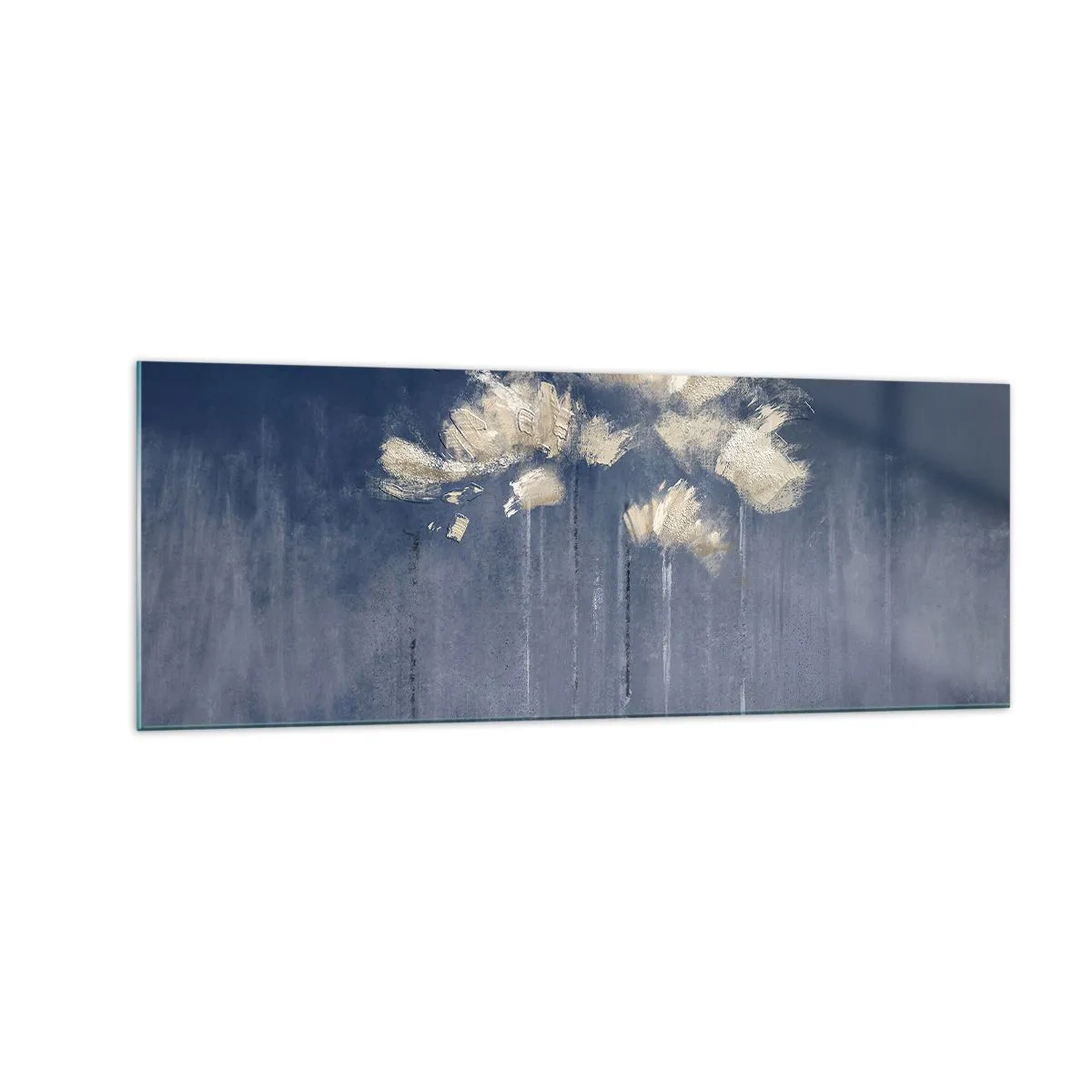 Quadro su vetro - Delicati fiori su sfondo blu - 140x50cm - Come petali al vento - Decorazione murale moderna per soggiorno e camera da letto ARTTOR