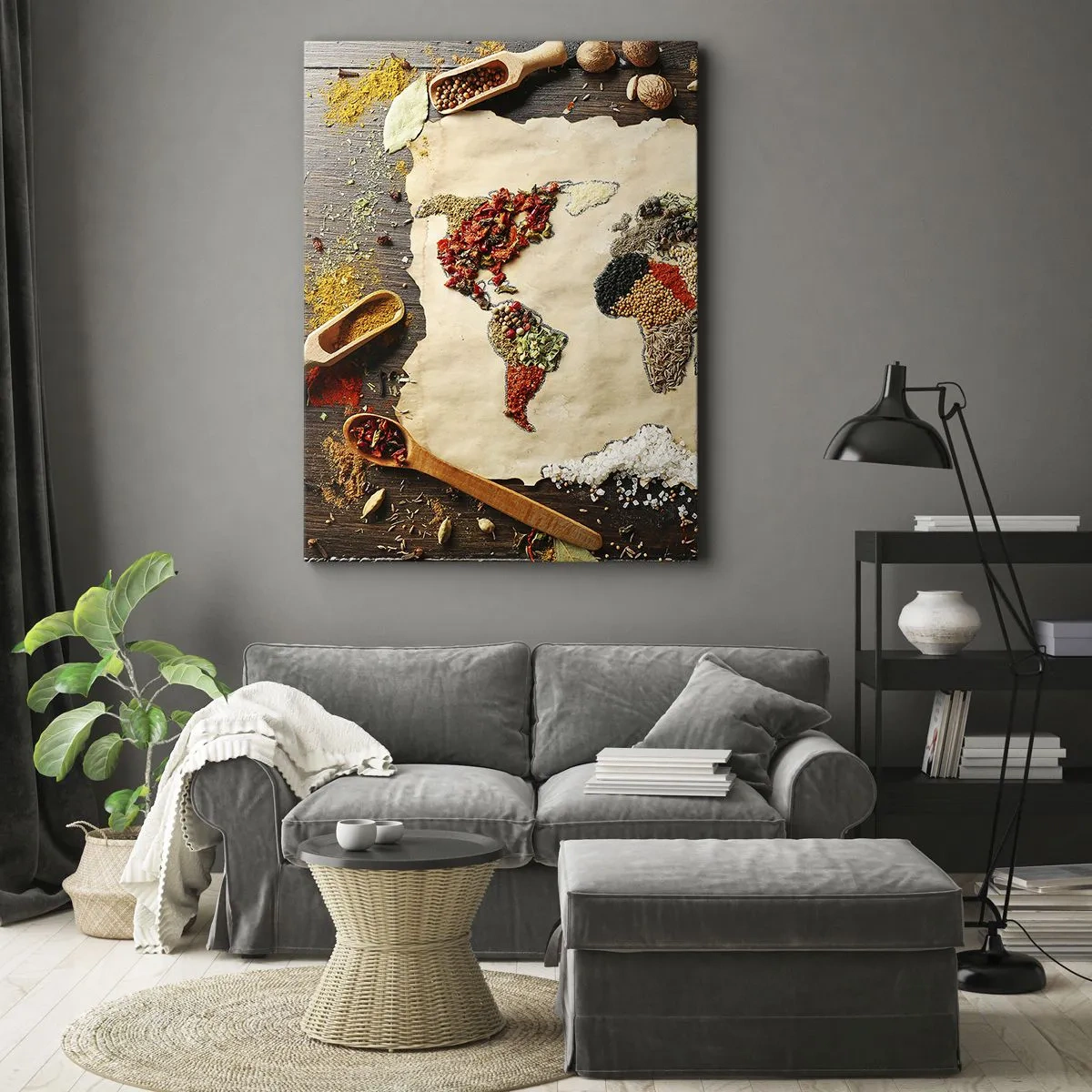 Quadro su tela - Stampe su Tela - Una mappa del mondo fatta di spezie su uno sfondo di legno. - 50x70cm - Tutti i gusti del mondo - Decorazione murale moderna per soggiorno e camera da letto ARTTOR