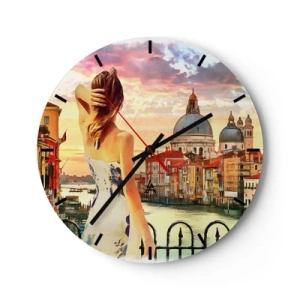 Orologio da parete - Orologio in Vetro - Una donna ammira un pittoresco tramonto su Venezia - 30x30cm - Se un'avventura allora solo a... - Decorazione murale moderna per soggiorno, cucina e camera da letto ARTTOR