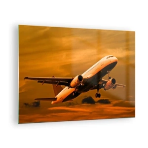 Quadro su vetro - Un aereo che decolla contro un cielo arancione - 70x50cm - In volo verso il sole - Decorazione murale moderna per soggiorno e camera da letto ARTTOR