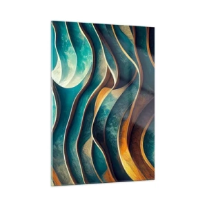 Quadro su vetro - Linee dinamiche in blu e rame che creano onde - 50x70cm - I meandri del blu - Decorazione murale moderna per soggiorno e camera da letto ARTTOR