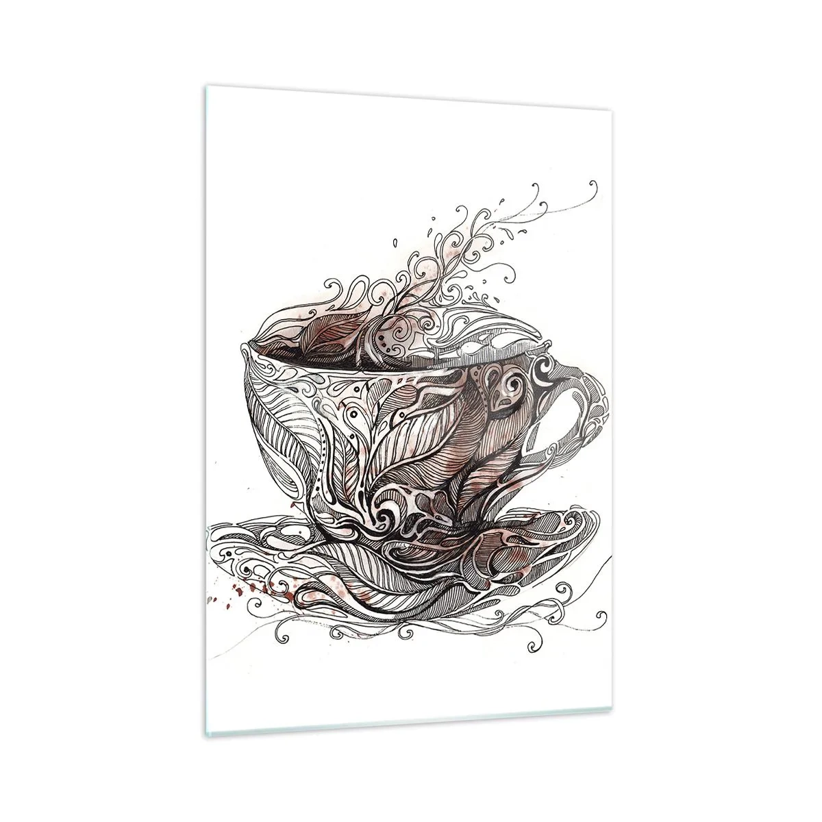 Quadro su vetro - Disegno artistico di una tazza con ornamenti e vapore - 50x70cm - Il tè fa bene a tutto - Decorazione murale moderna per soggiorno e camera da letto ARTTOR