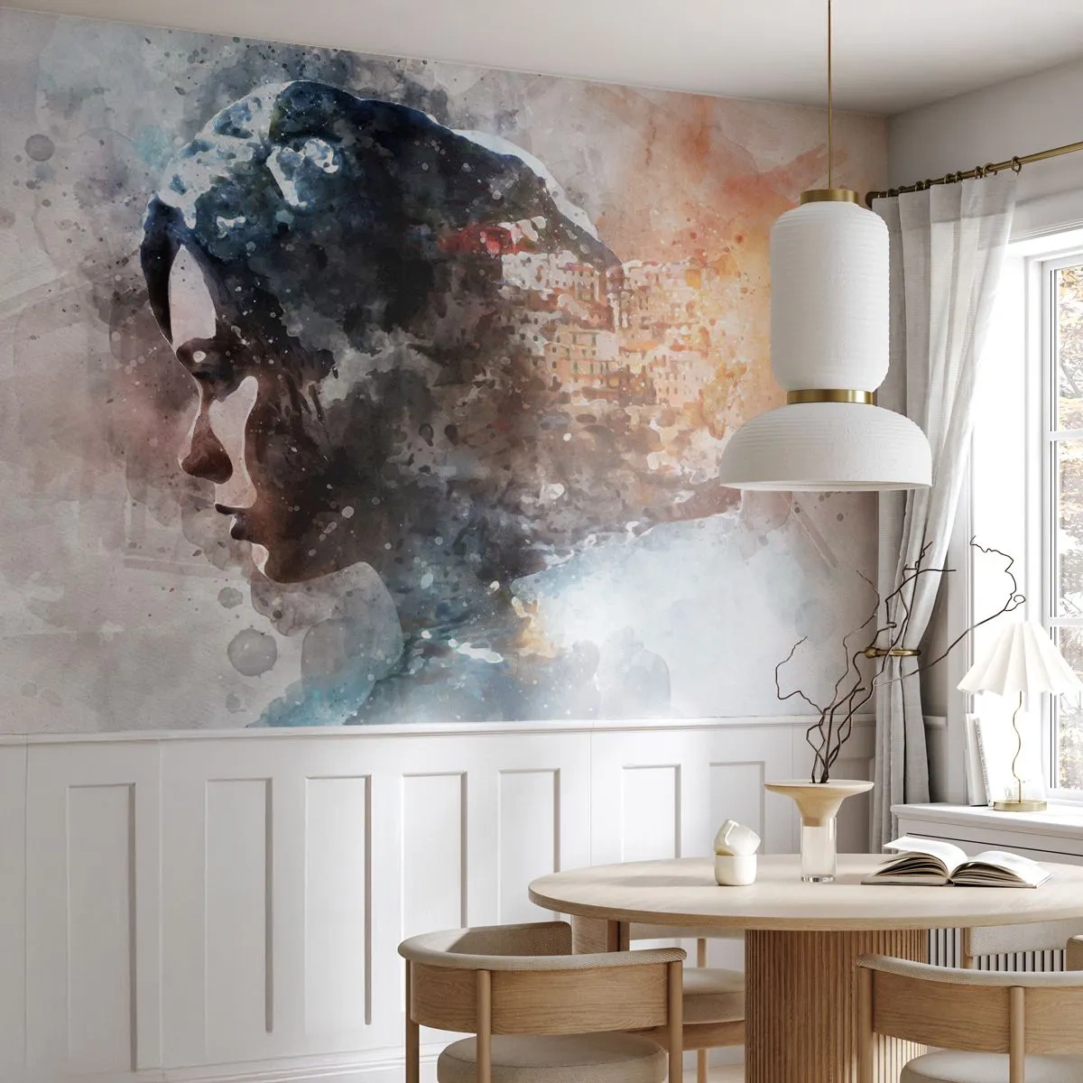 Fotomurali Premium Sand - Racconto su una ragazza con città sullo sfondo - Astrazione, Donna, Architettura - 250x175 cm