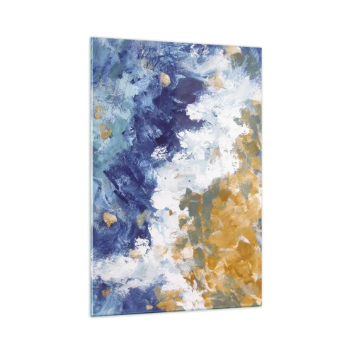 Quadro su vetro - Astrazione nei toni del blu, bianco e oro - 70x100cm - La danza degli elementi - Decorazione murale moderna per soggiorno e camera da letto ARTTOR