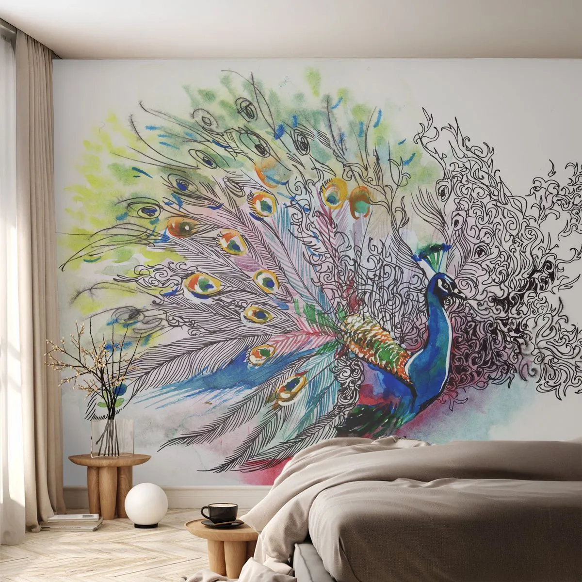 Fotomurali Standard Eco - Con orgoglio contro il grigio - Uccello, Pavone, Piume - 200x140 cm