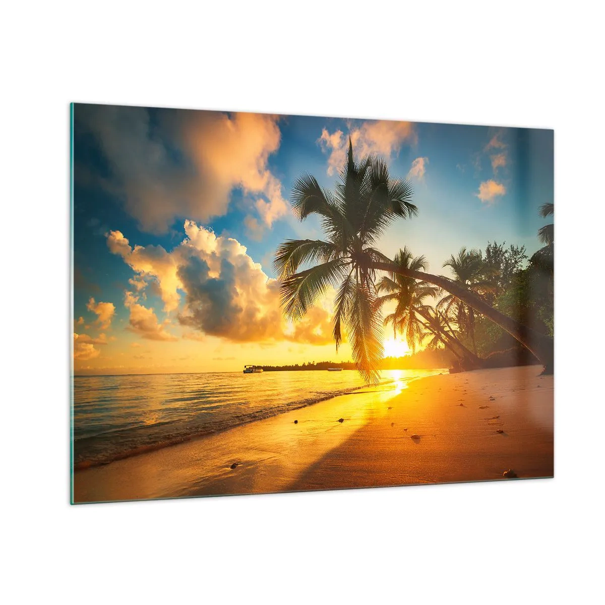 Quadro su vetro - Spiaggia tropicale con palme al tramonto - 100x70cm - Sogno dei Caraibi - Decorazione murale moderna per soggiorno e camera da letto ARTTOR